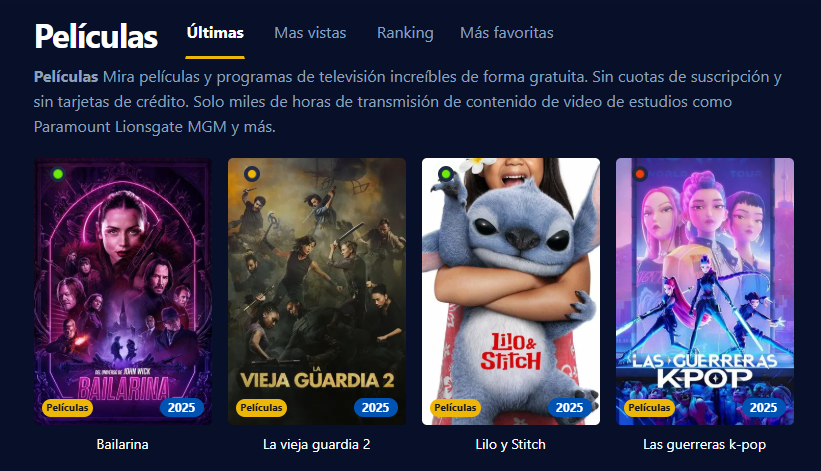 Captura de pantalla de la interfaz de usuario de StreamM4U, mostrando películas y series en alta definición y sin necesidad de registro.